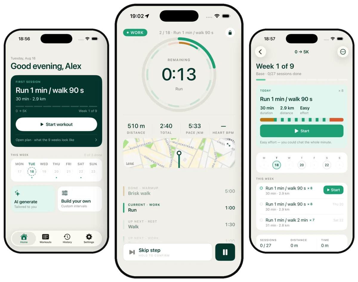 iRunning — guided intervals, 20+ plans, Apple Watch